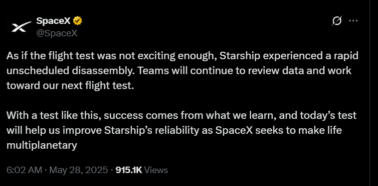 SpaceX, "Success comes from what we learn, and today’s test will help us improve Starship’s reliability"