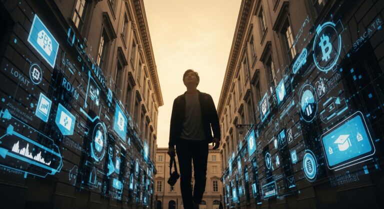 Gen Z individual walking through a digital alley of opportunity, symbolizing the rise of the informal economy in 2025