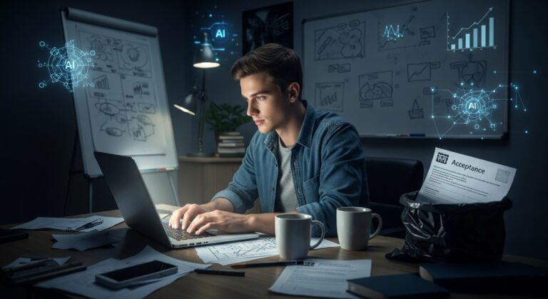 Tech dropout founder working late at night